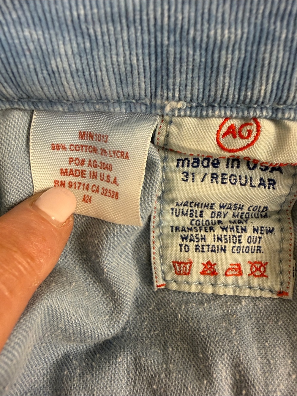 AG Adriano Goldschmied The Angel Distressed Corduroy Pants Light Blue Bootcut 31 - Picture 11 of 12